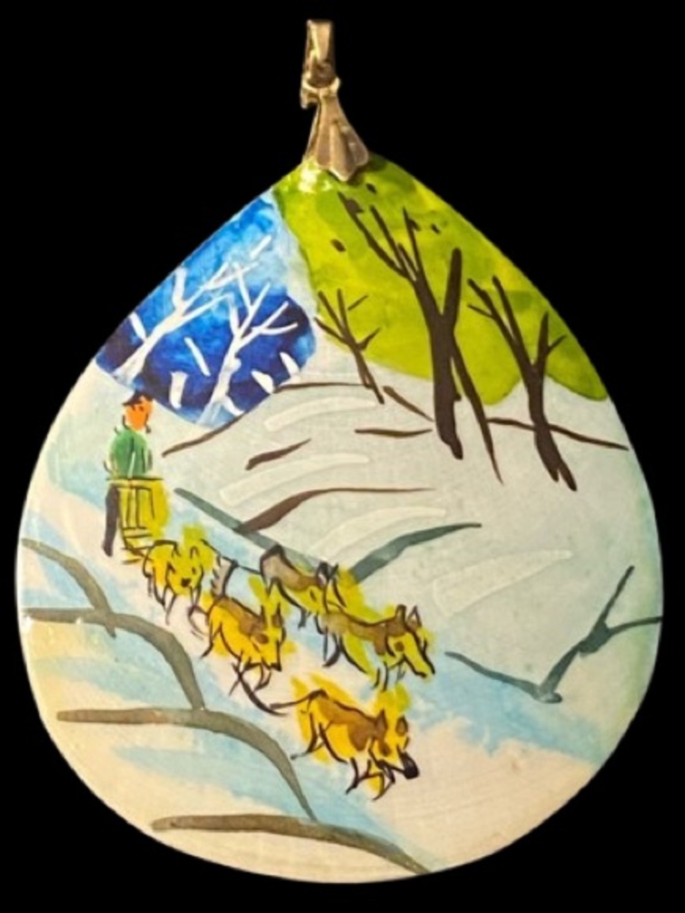 Vintage Hand-Painted Genuine Sea Shell Christmas Ornament Winter Scene Dog Sled